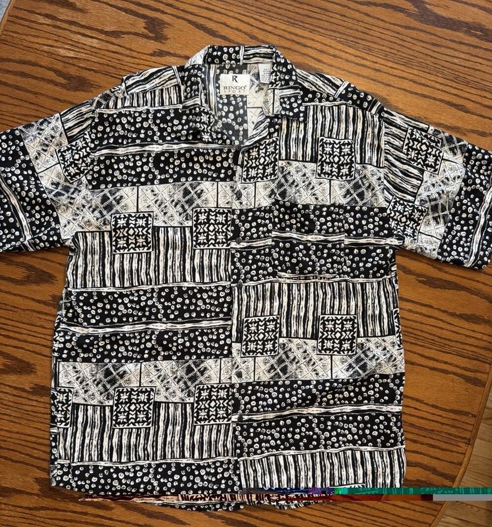 Vintage Ringo Sport Button Down Shirt Mens XL Black & White Abstract